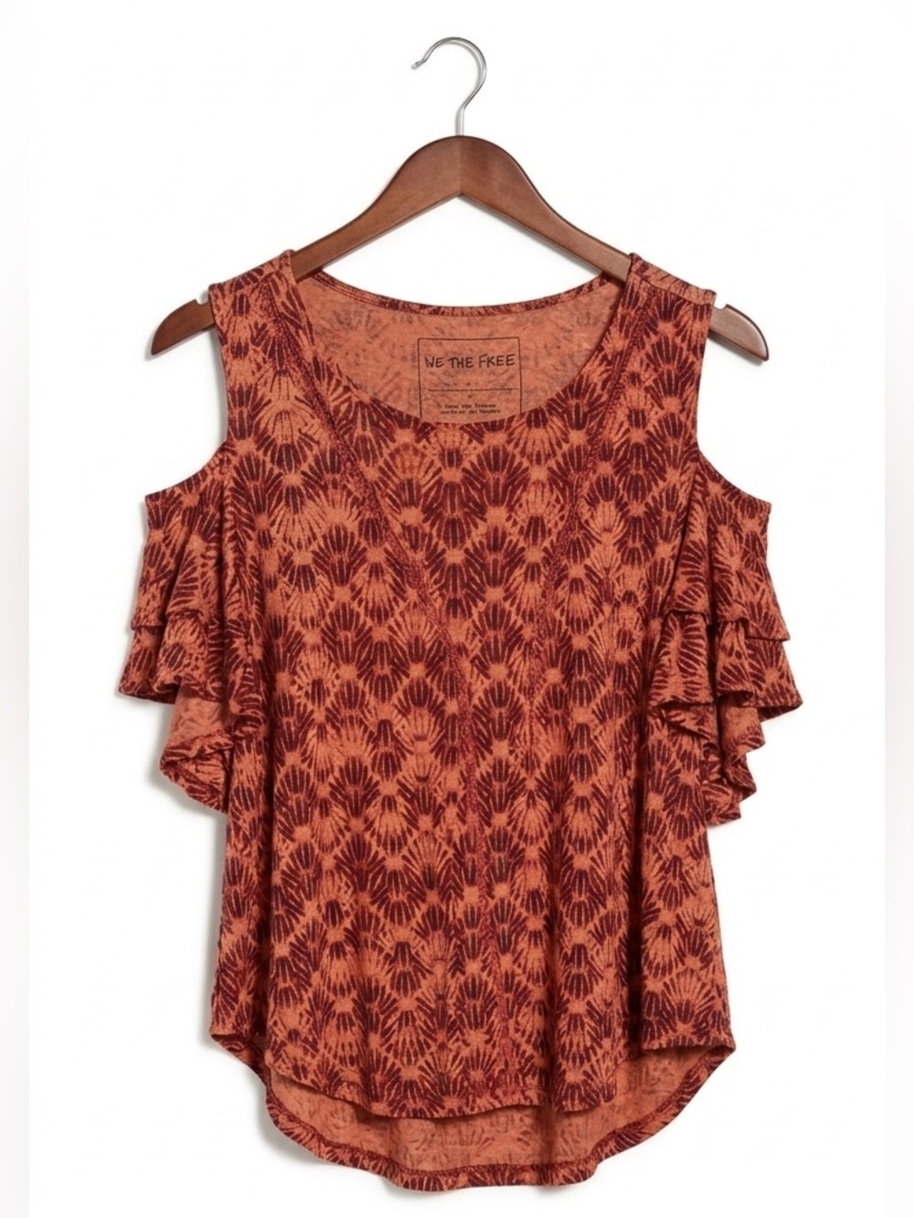 Free People We The Free Cold Shoulder Boho Top Rust Geometric Print XS